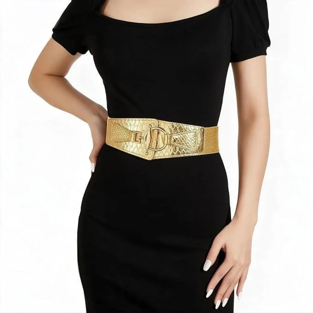 RMMVJJ Women's S Gold Glitter Wide Waist Belt Stretch Elastic Dress Belt Fashion